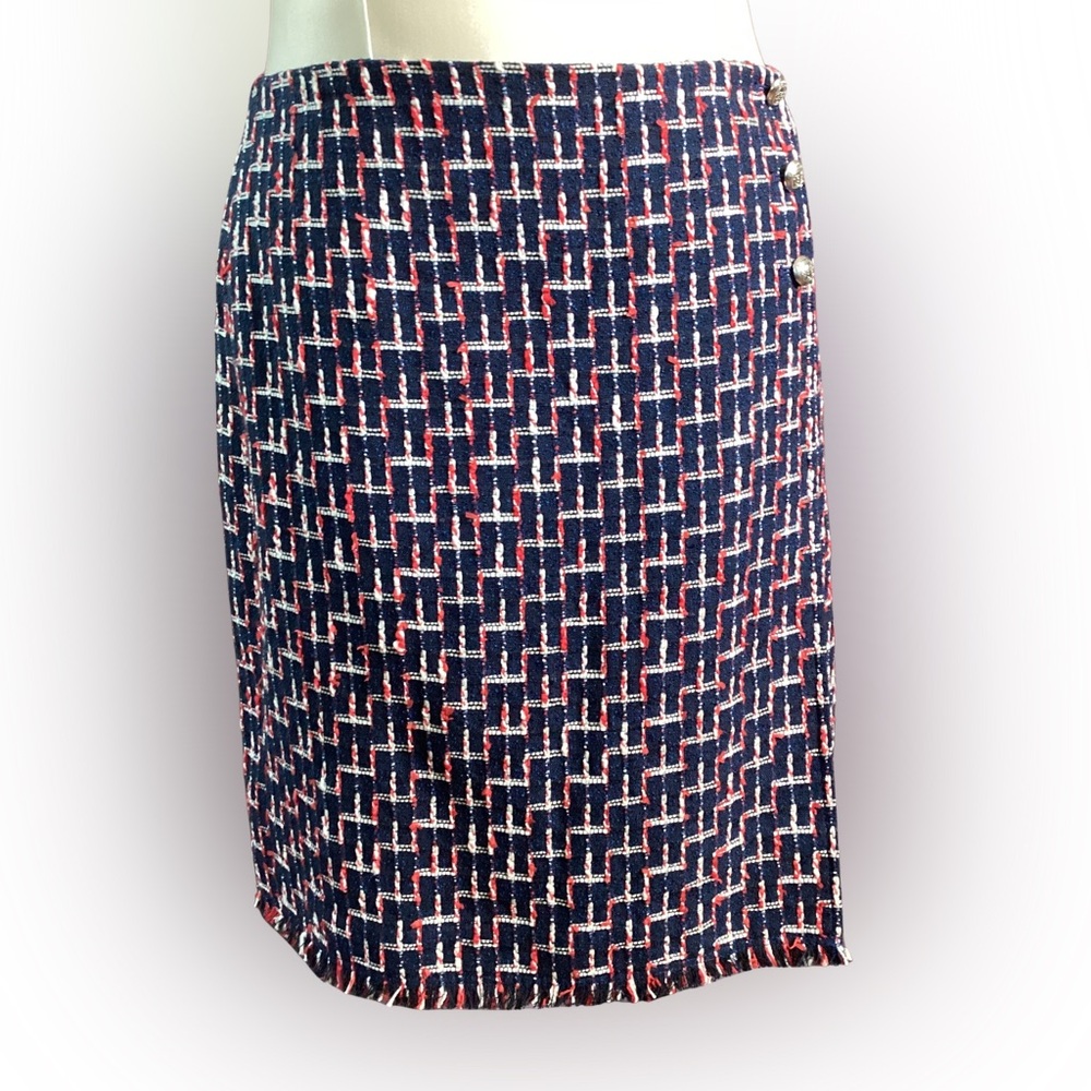 Talbots Red, White and Blue Geometric Tweed Pencil Skirt